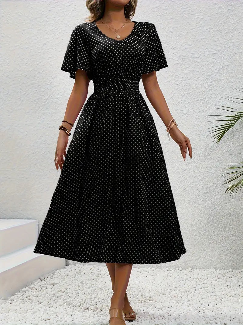 – allover-print-kurzarmkleid mit geraffter taille für frühling und sommer