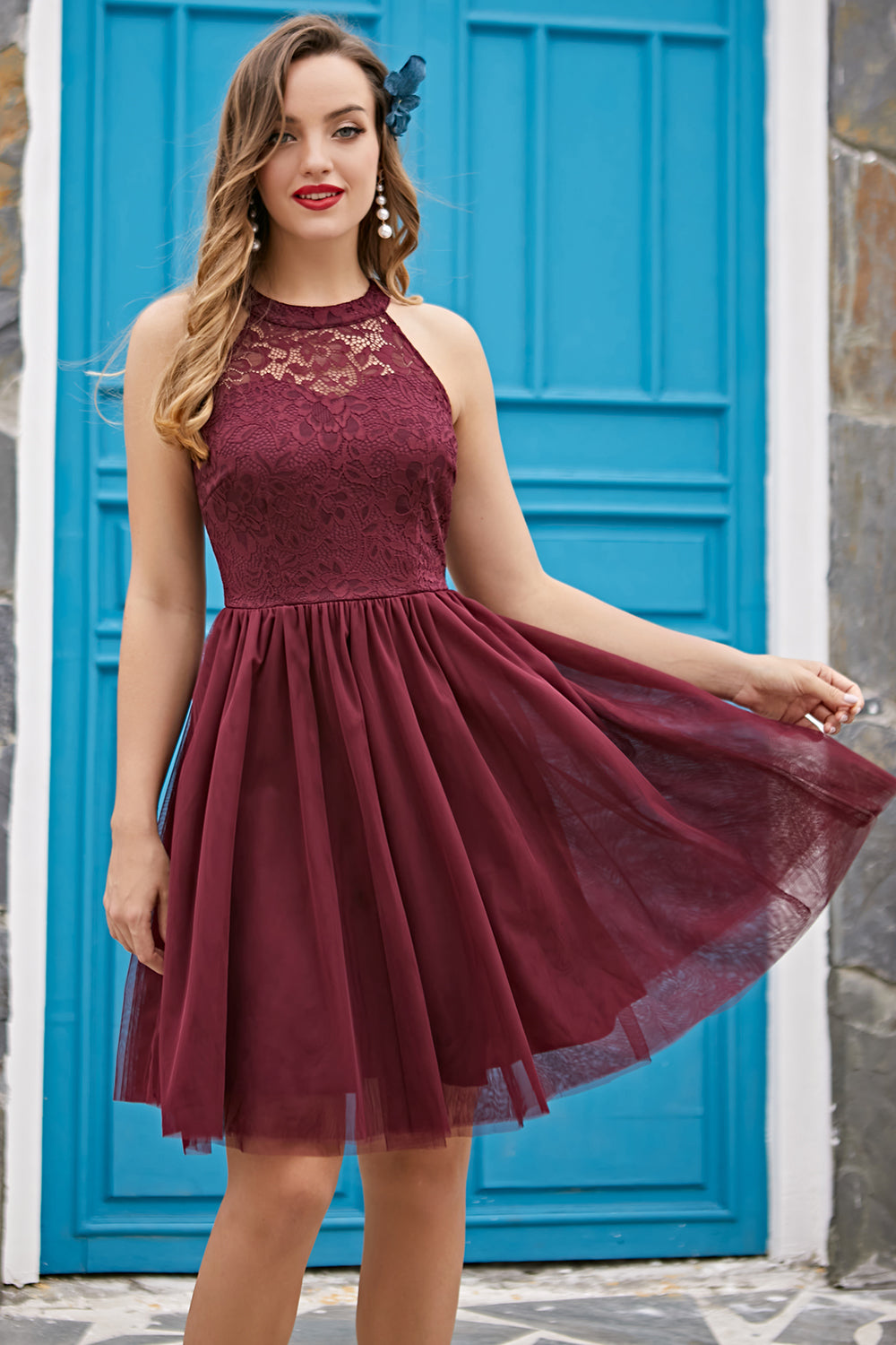 Burgundy Neckholder Konfirmationskleid