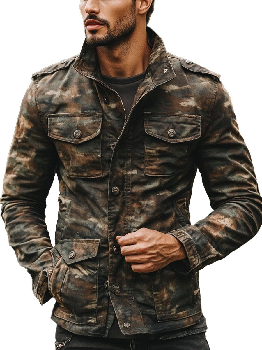 WW | Weinlese Camouflage Druck Multi Taschen Reißverschluss Lässig Jacke