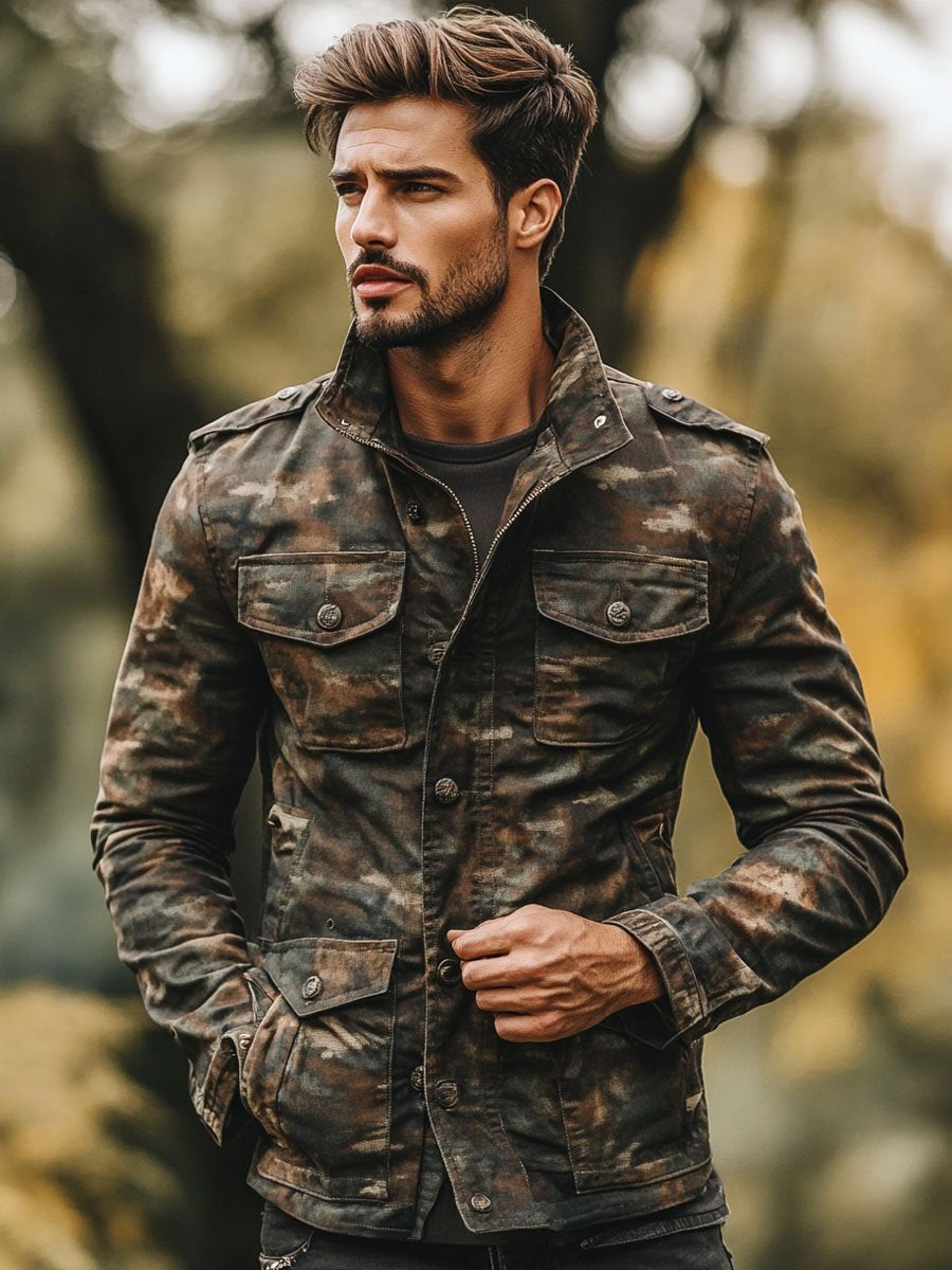 WW | Weinlese Camouflage Druck Multi Taschen Reißverschluss Lässig Jacke