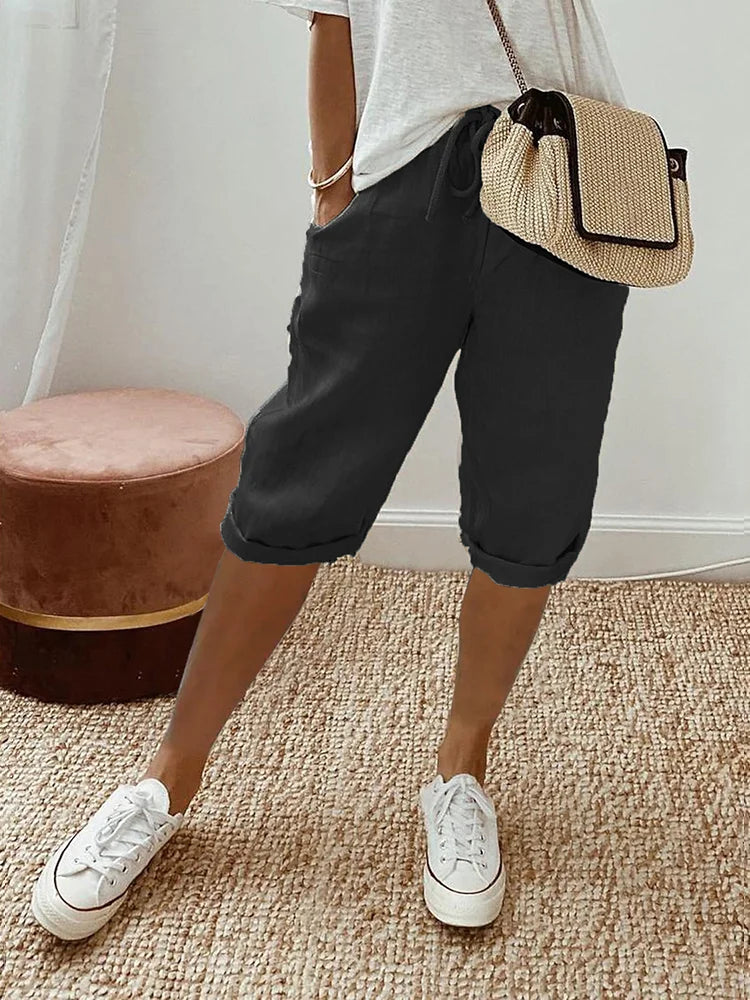 WW | Lässige Elastische Kurze Hosen Mit Weitem Bein Und Hoher Taille Und Taschen