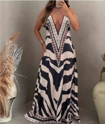 Chic Zebra Print Backless Halter Neck Dress