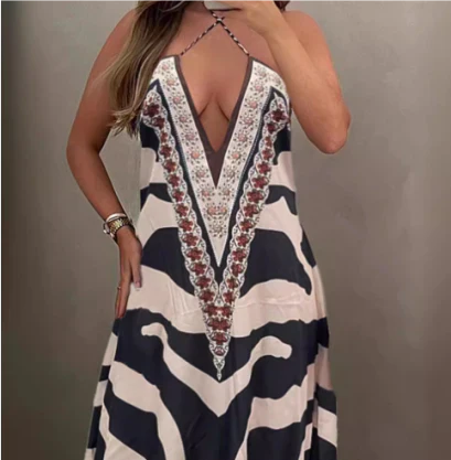 Chic Zebra Print Backless Halter Neck Dress