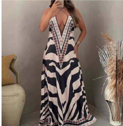 Chic Zebra Print Backless Halter Neck Dress