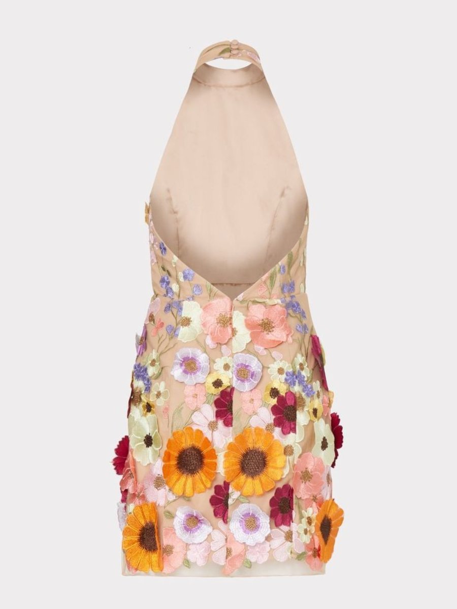 Dreidimensional besticktes Kleid mit Blumenausschnitt und schmaler Passform