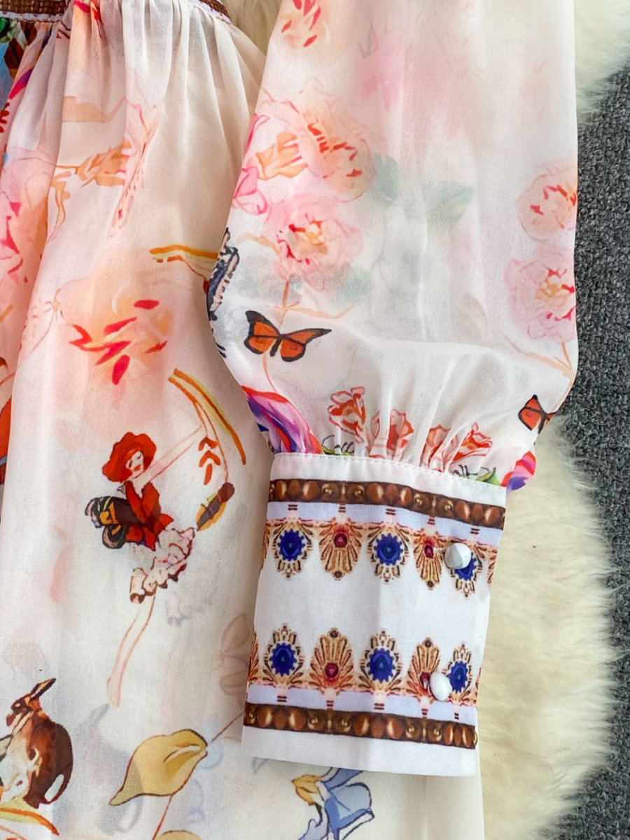 Einreihiges bedrucktes Kleid mit V-Ausschnitt