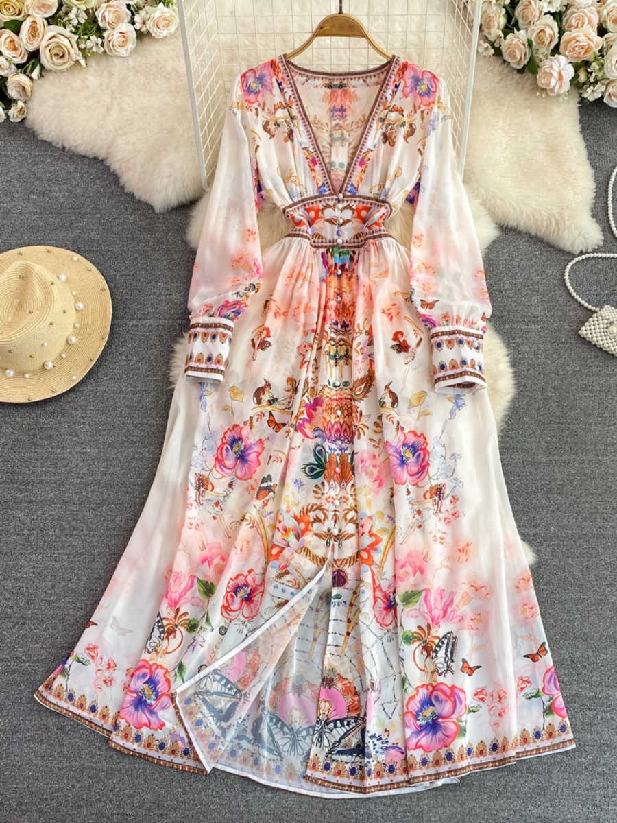 Einreihiges bedrucktes Kleid mit V-Ausschnitt