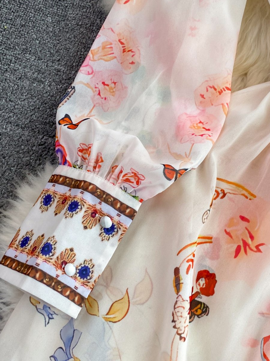 Einreihiges bedrucktes Kleid mit V-Ausschnitt