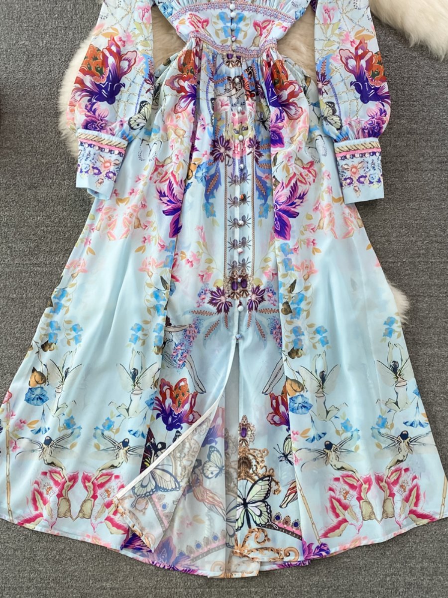 Einreihiges bedrucktes Kleid mit V-Ausschnitt