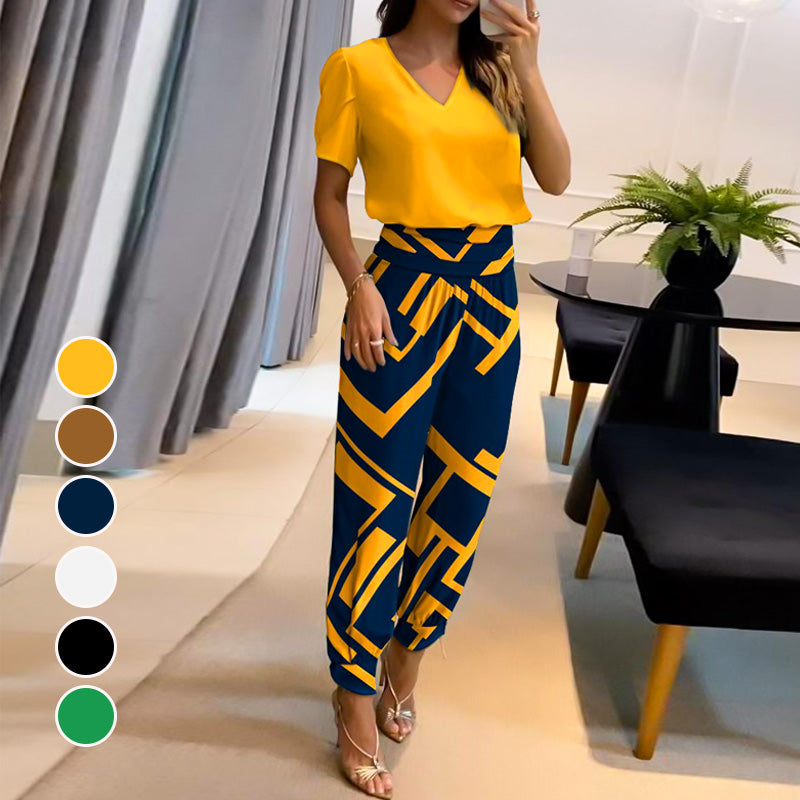 Merche zweiteiliges Set mit einem kurzärmeligen Oberteil mit V-Ausschnitt und einer langen Hose, ideal für Partys