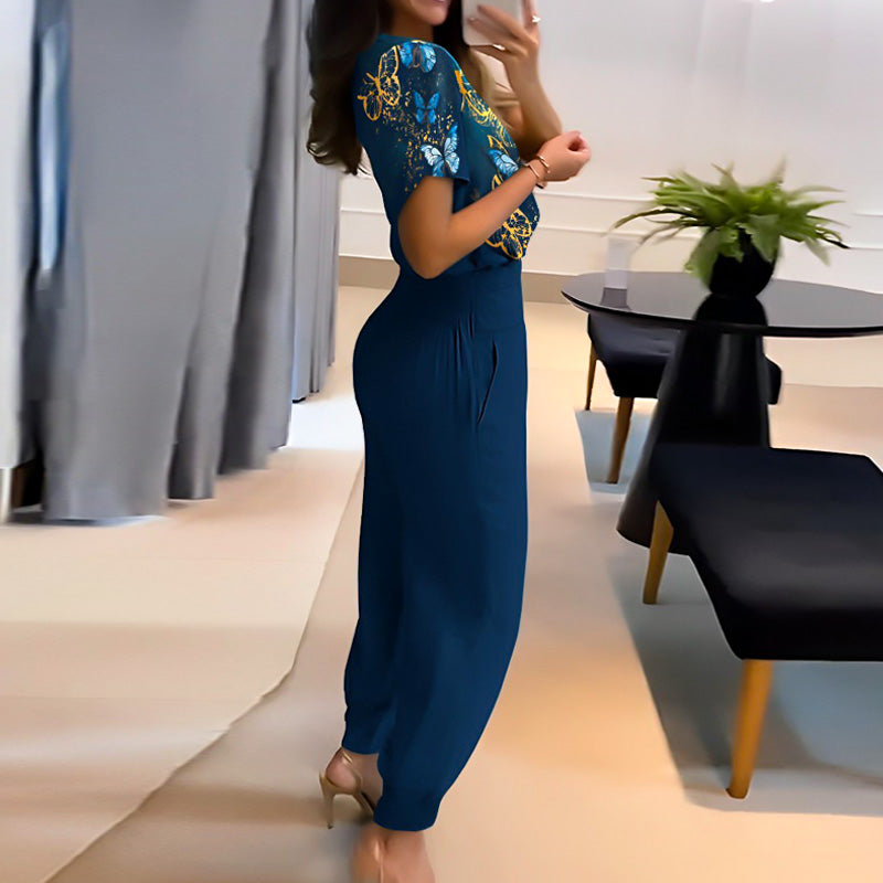 Merche zweiteiliges Set mit einem kurzärmeligen Oberteil mit V-Ausschnitt und einer langen Hose, ideal für Partys