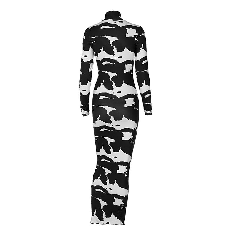 Bodycon Maxi Kleid mit Kuhmuster und Rollkragen