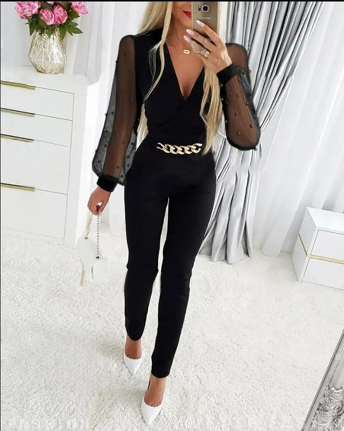 Merche Jumpsuit mit schmalen transparenten Ärmeln und Hohlraumdruck
