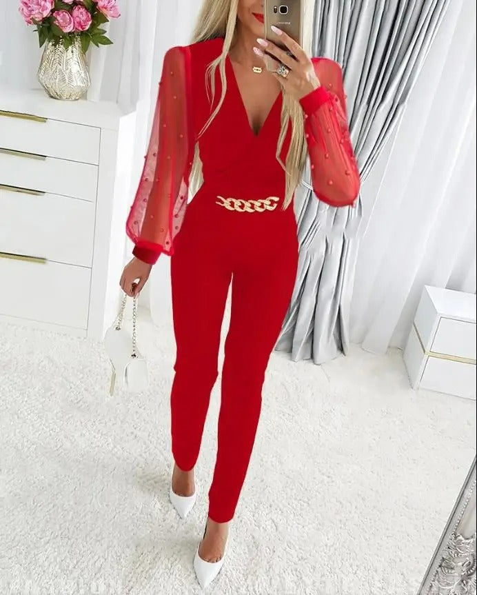 Merche Jumpsuit mit schmalen transparenten Ärmeln und Hohlraumdruck
