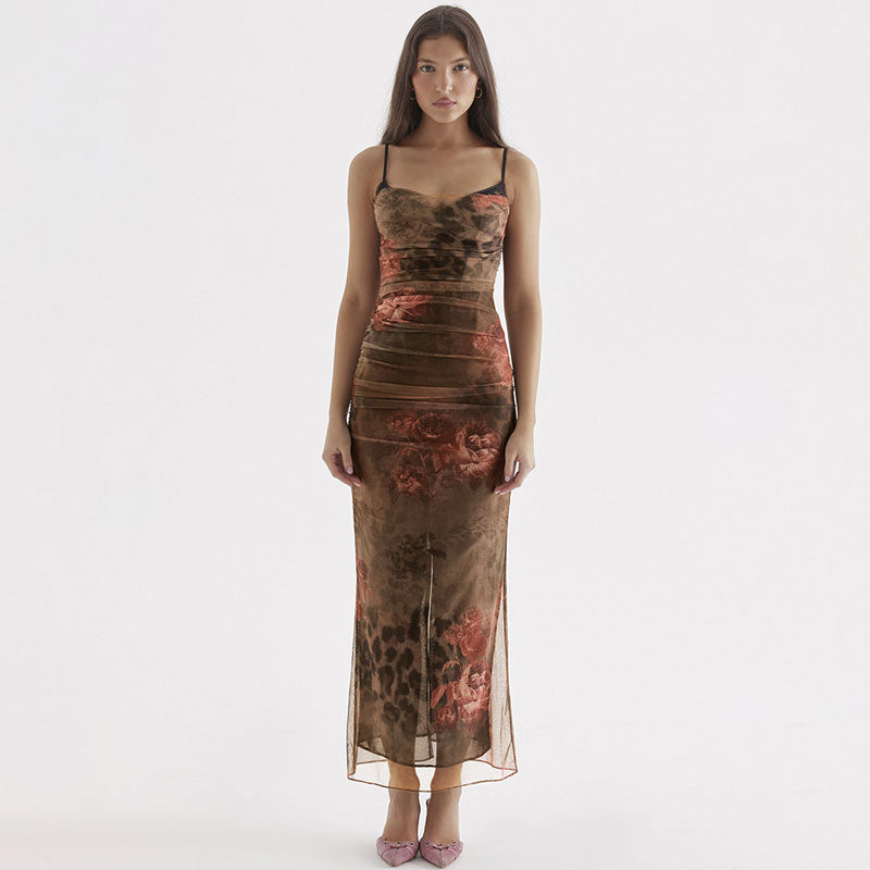 Bodycon Maxi Kleid mit Blumendruck und gerafftem Netz