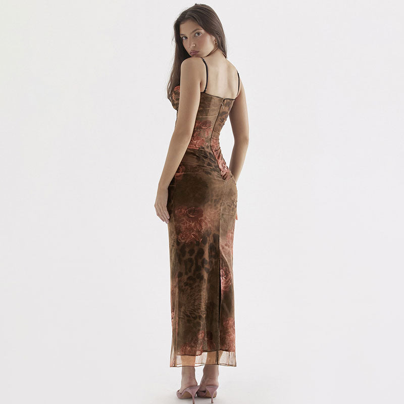 Bodycon Maxi Kleid mit Blumendruck und gerafftem Netz