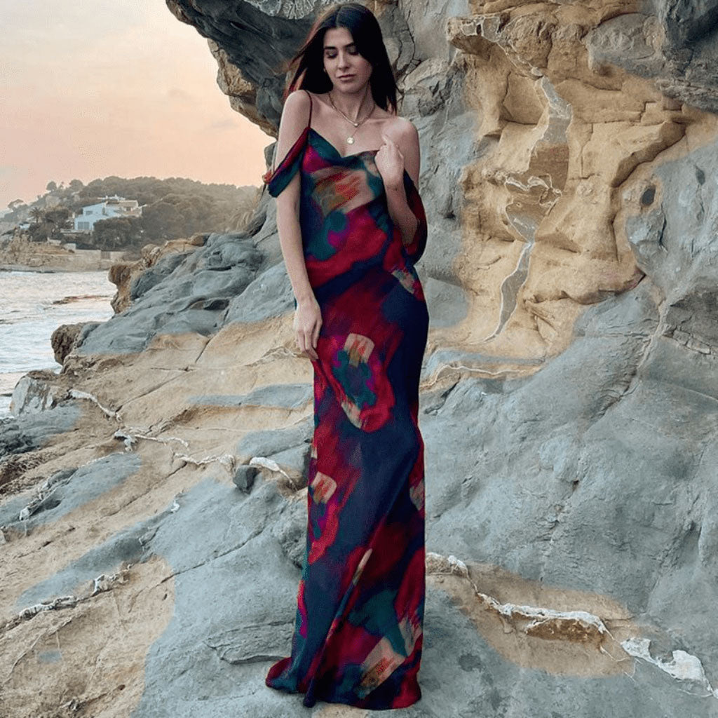 Maxi Kleid mit Vintage-Druck und freien Schultern