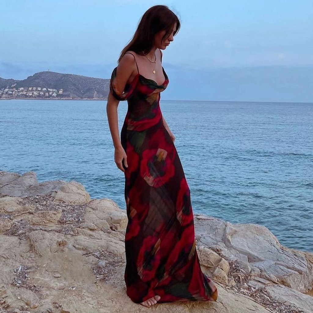 Maxi Kleid mit Vintage-Druck und freien Schultern