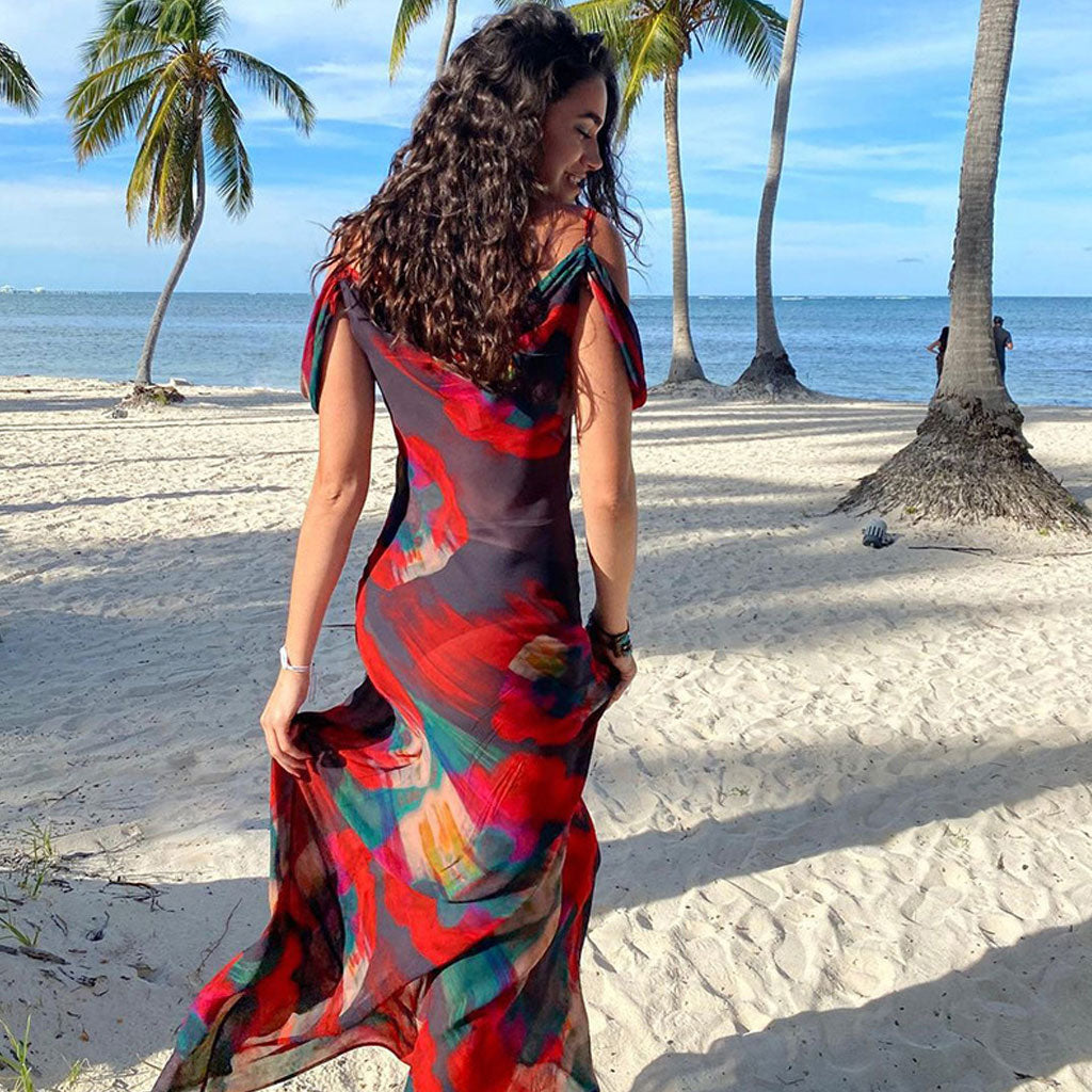 Maxi Kleid mit Vintage-Druck und freien Schultern