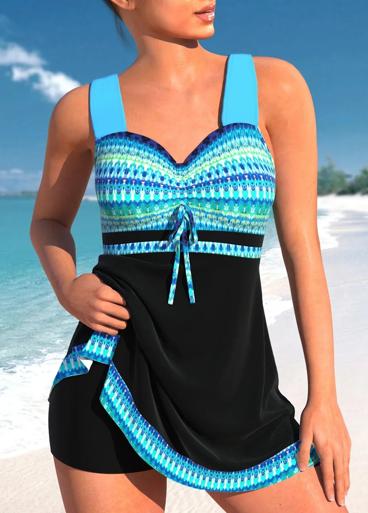 blauer, schmaler, leichter Patchwork-Tankini