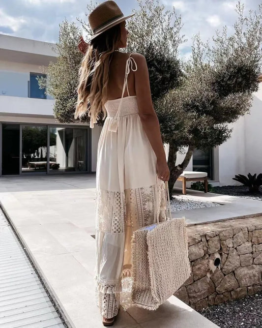 Damen Spitzenkleid Sexy V-Ausschnitt Boho Kleid Holiday Beach Dress