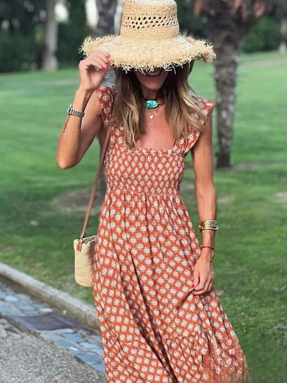 Damen Vintage Sommer Bohemian Print Langes Kleid mit Bohemian Print