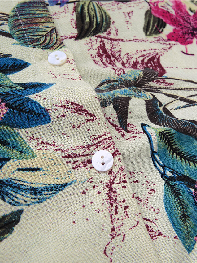 Maxikleid aus Baumwolle mit Blumendruck und Fronttaschen - Gelb