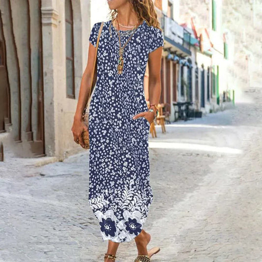 – blaues maxikleid mit blumenmuster und seitentaschen