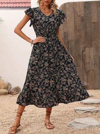 – florales kleid mit v-ausschnitt und eleganten rüschenärmeln