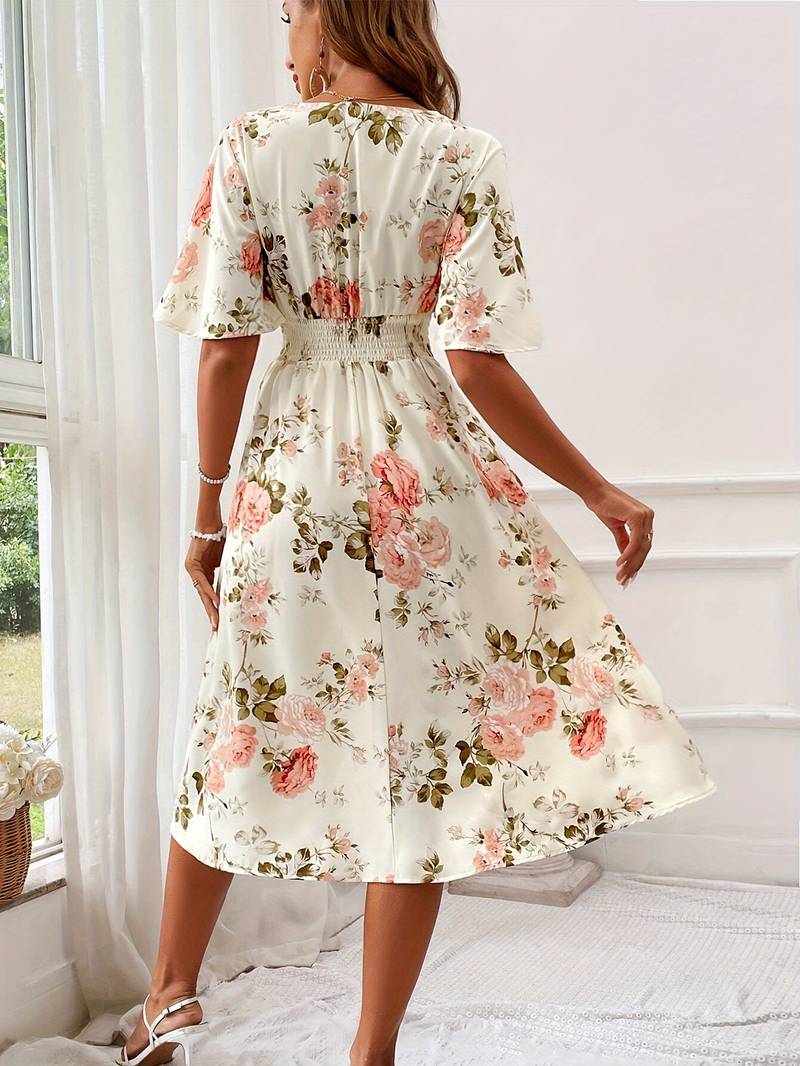 – elegantes a-linien-kleid mit blumendruck, v-ausschnitt und rüschenärmeln