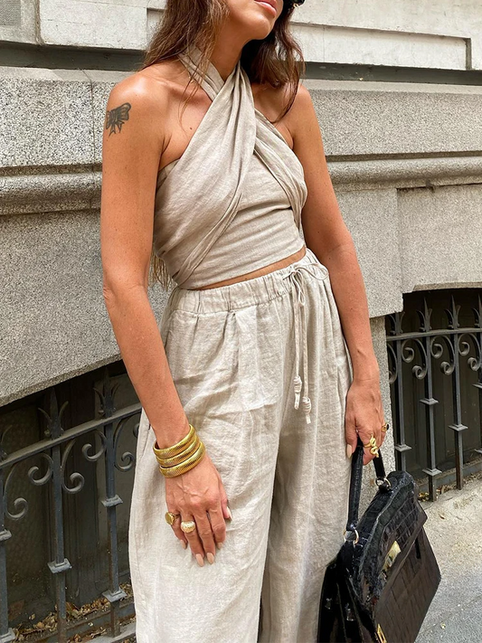 Merche Carved zurück mit breiten Hosen casua Set in Farbe perfekt für summe