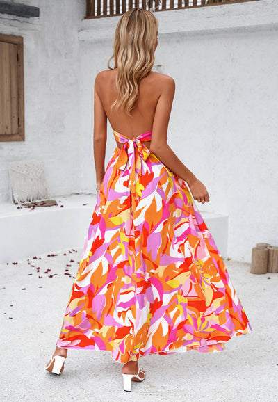 Maxikleid mit Hawaii-Blumenmuster und Raffung am Rücken – Orange