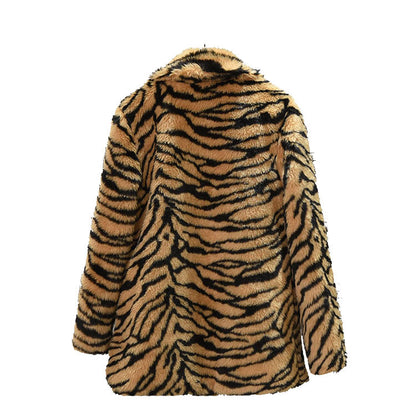 Damen Eleganter Kunstfellmantel im Tigerprint-Design Merchesia