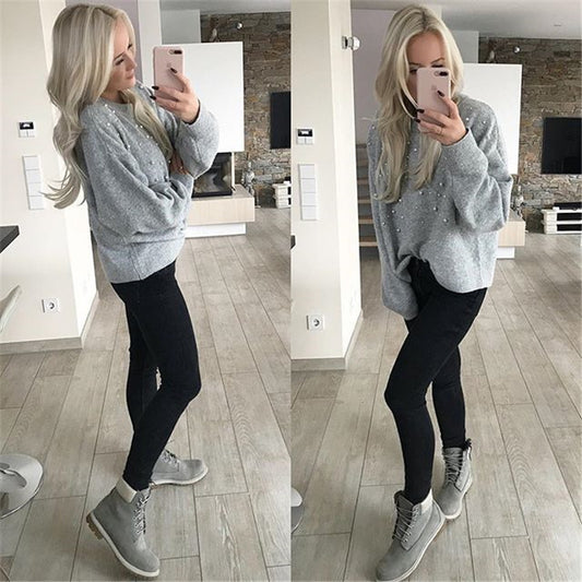 Damen modischer Strickpullover mit Perlendekoren und lässigem Schnitt Merchesia