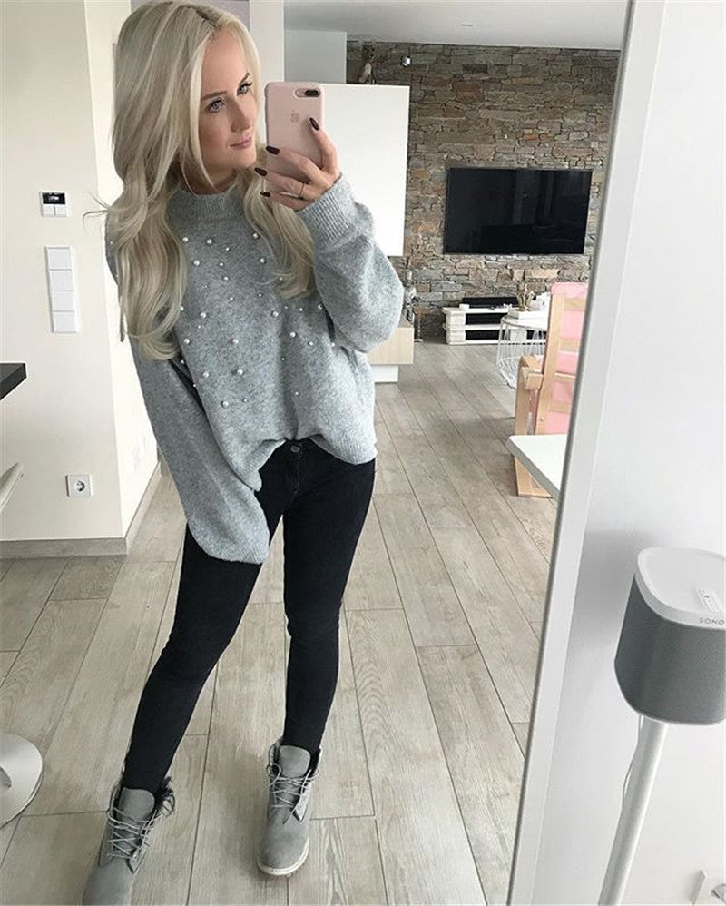 Damen modischer Strickpullover mit Perlendekoren und lässigem Schnitt Merchesia