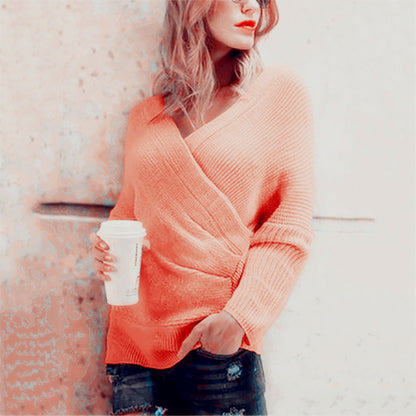 Damen lässiger Wickelpullover mit V-Ausschnitt und strukturierter Maschenoptik Merchesia