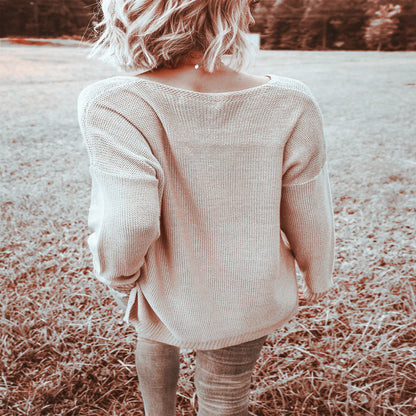 Damen lässiger V-Pullover mit offenen Schultern und lockerem Schnitt Merchesia