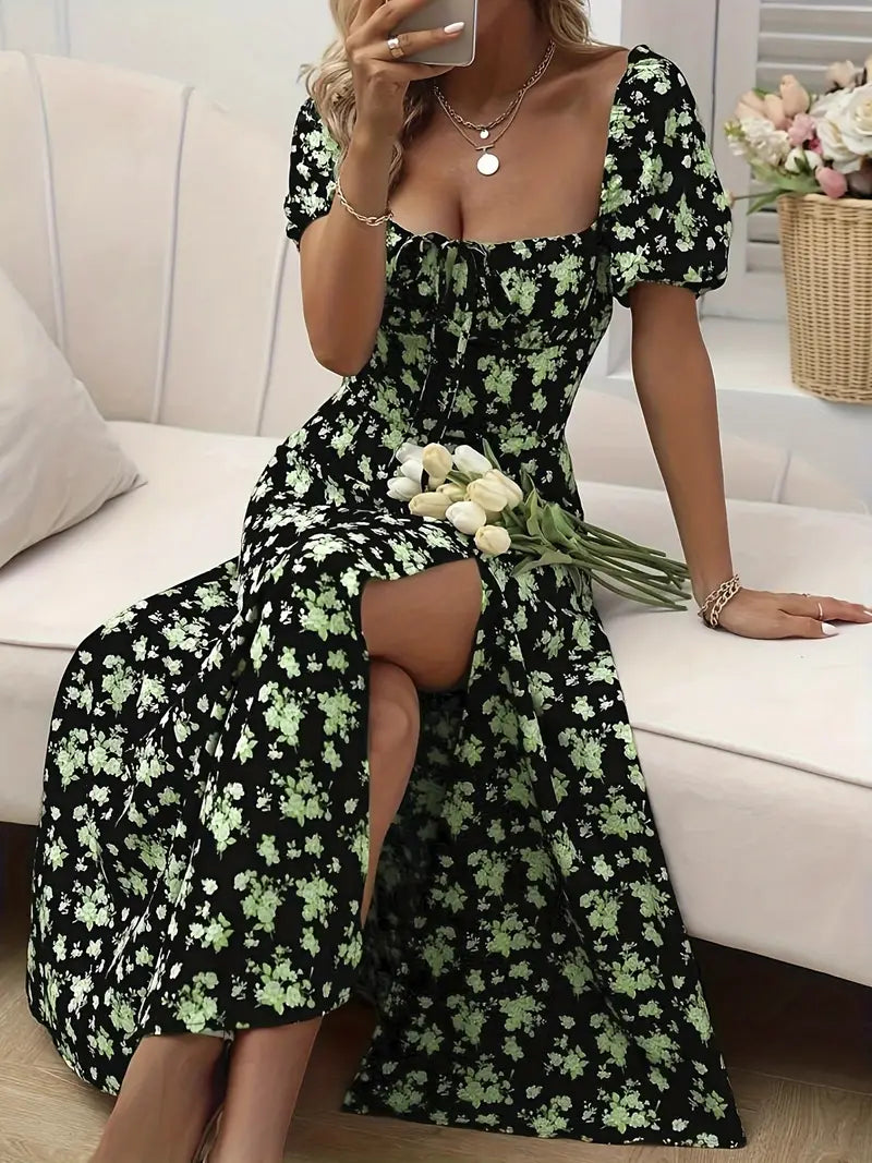 – a-linien-kleid mit blumendruck und puffärmeln für frühling und sommer