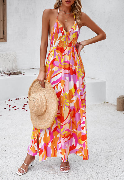 Maxikleid mit Hawaii-Blumenmuster und Raffung am Rücken – Orange