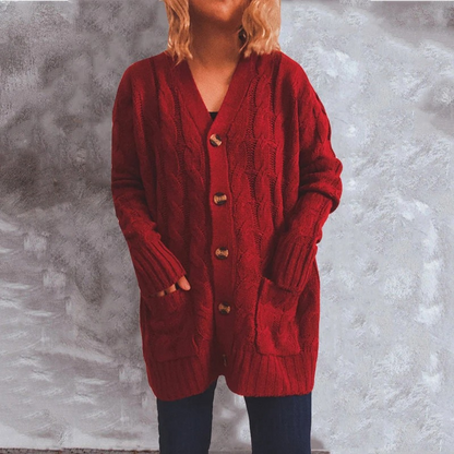 WW | Wollstrickjacke Damen Mit Zopfmuster Und Holzknöpfen, Lockere