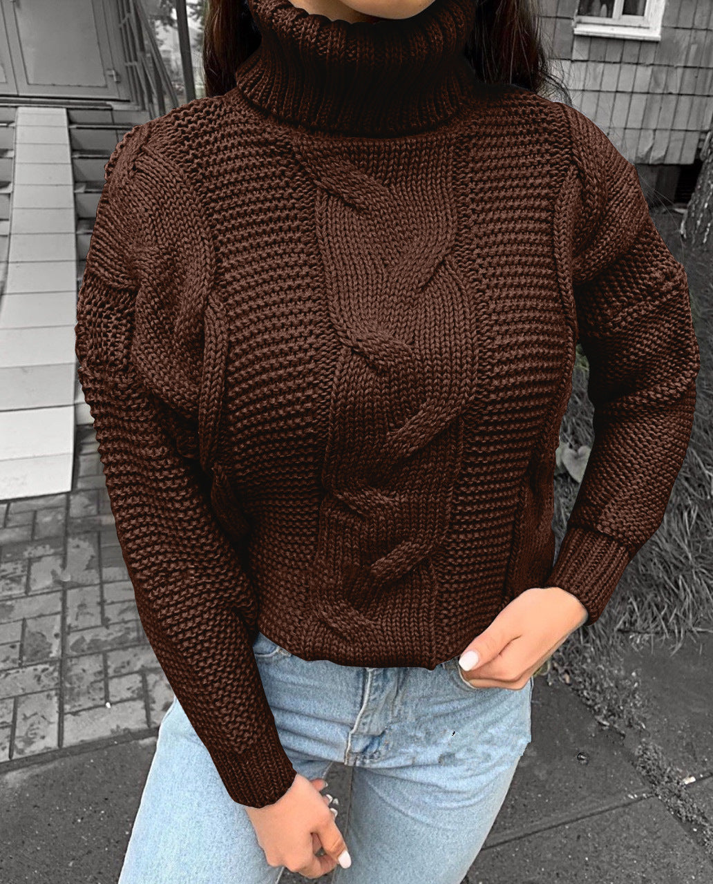 Damen oversized Strickpullover mit hohem Kragen und modischem Zopfmuster Merchesia