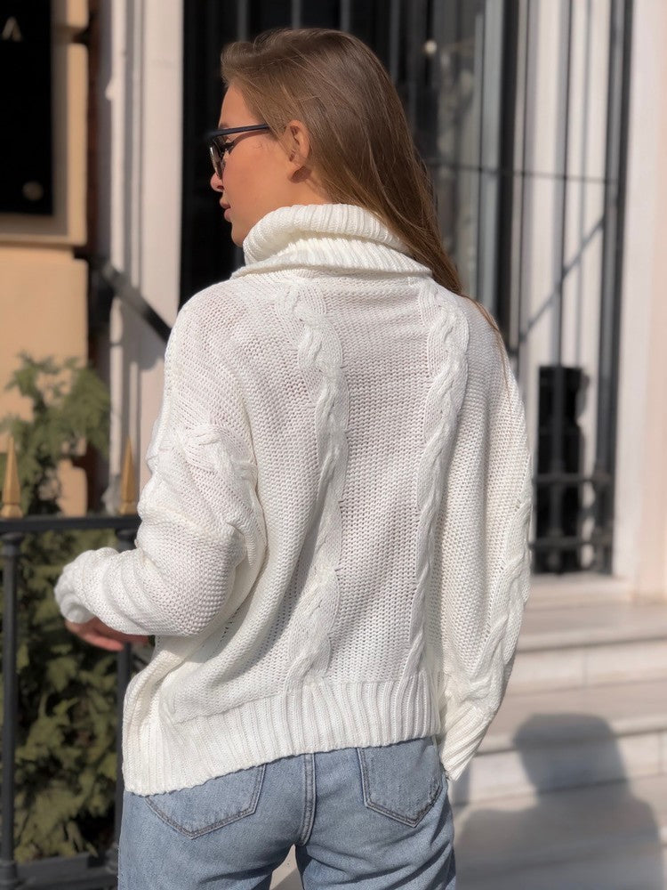 Damen Strickpullover mit hohem Kragen und kreativen Zopfmustern Merchesia