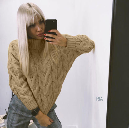 Damen Grober Strickpullover mit hohem Kragen Merchesia