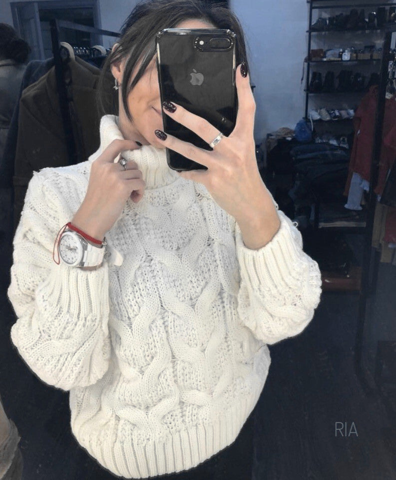 Damen Grober Strickpullover mit hohem Kragen Merchesia