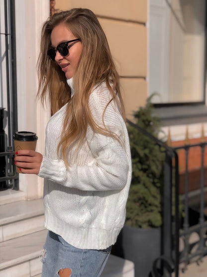 Damen Strickpullover mit hohem Kragen und kreativen Zopfmustern Merchesia