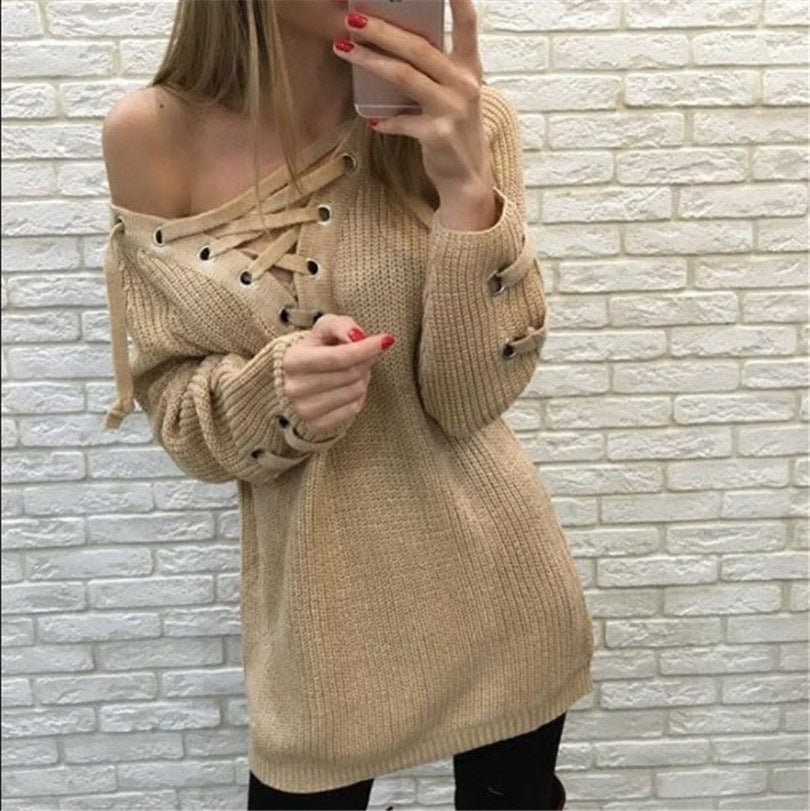 Damen Strickpullover mit einzigartigem Schnürdesign Merchesia