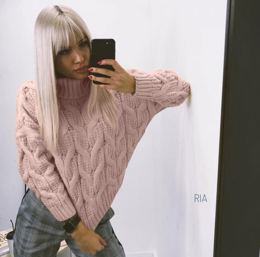 Damen Grober Strickpullover mit hohem Kragen Merchesia