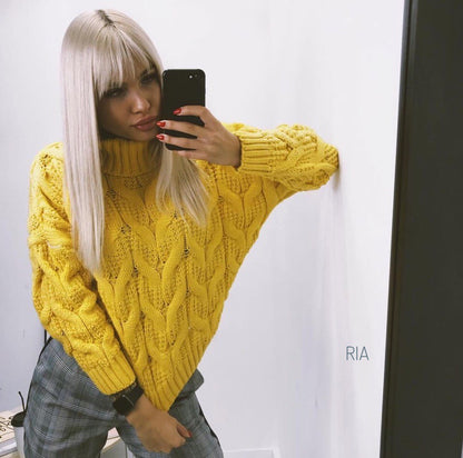 Damen Grober Strickpullover mit hohem Kragen Merchesia