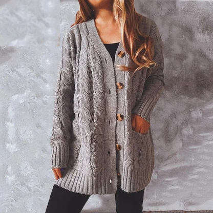 WW | Wollstrickjacke Damen Mit Zopfmuster Und Holzknöpfen, Lockere