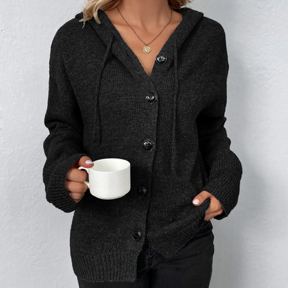 WW | Wollstrickjacke Damen Mit Kapuze Und Knopfleiste, Lässiger Stil